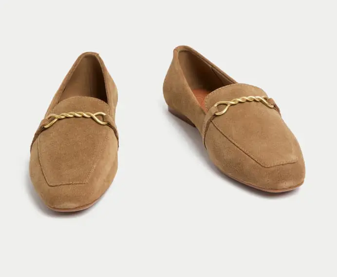 絨面革鏈條細節平底樂福鞋